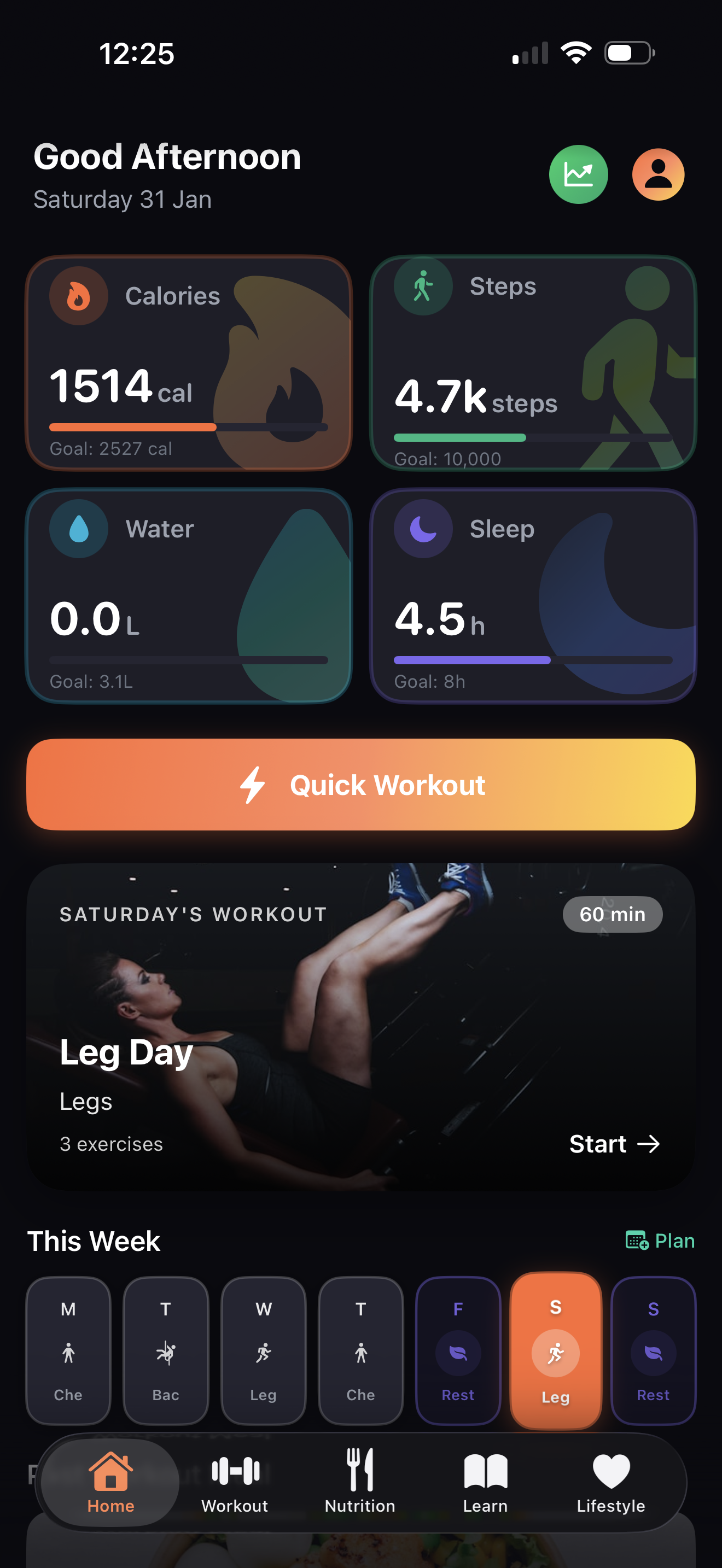 Health Hustle dashboard showing calories, steps, water and sleep tracking