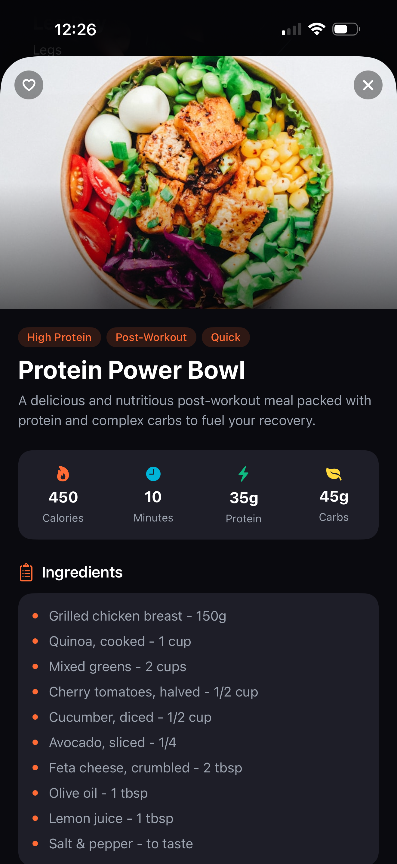 Protein Power Bowl recipe with macros and ingredients