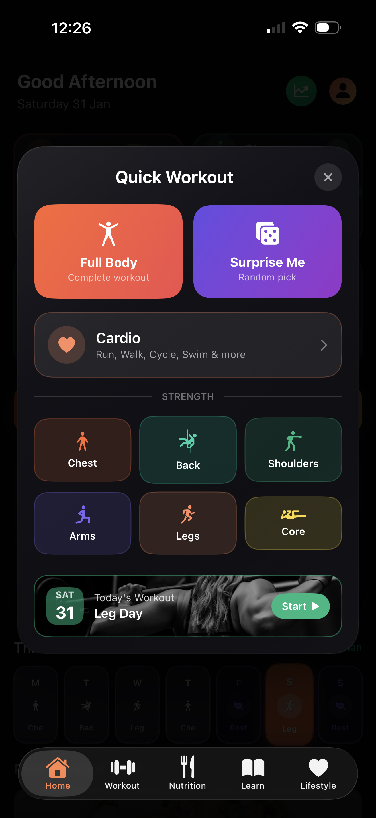 Quick Workout overlay with muscle groups and workout plans