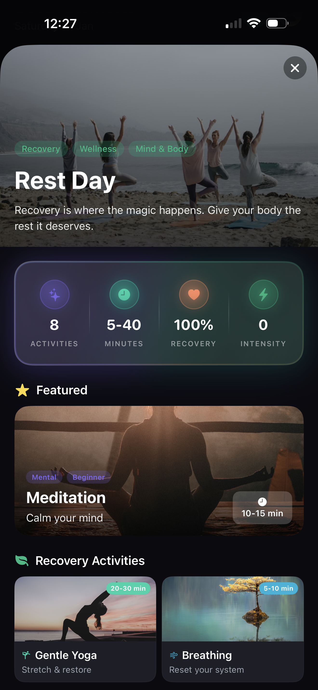 Rest Day recovery screen with meditation and yoga activities